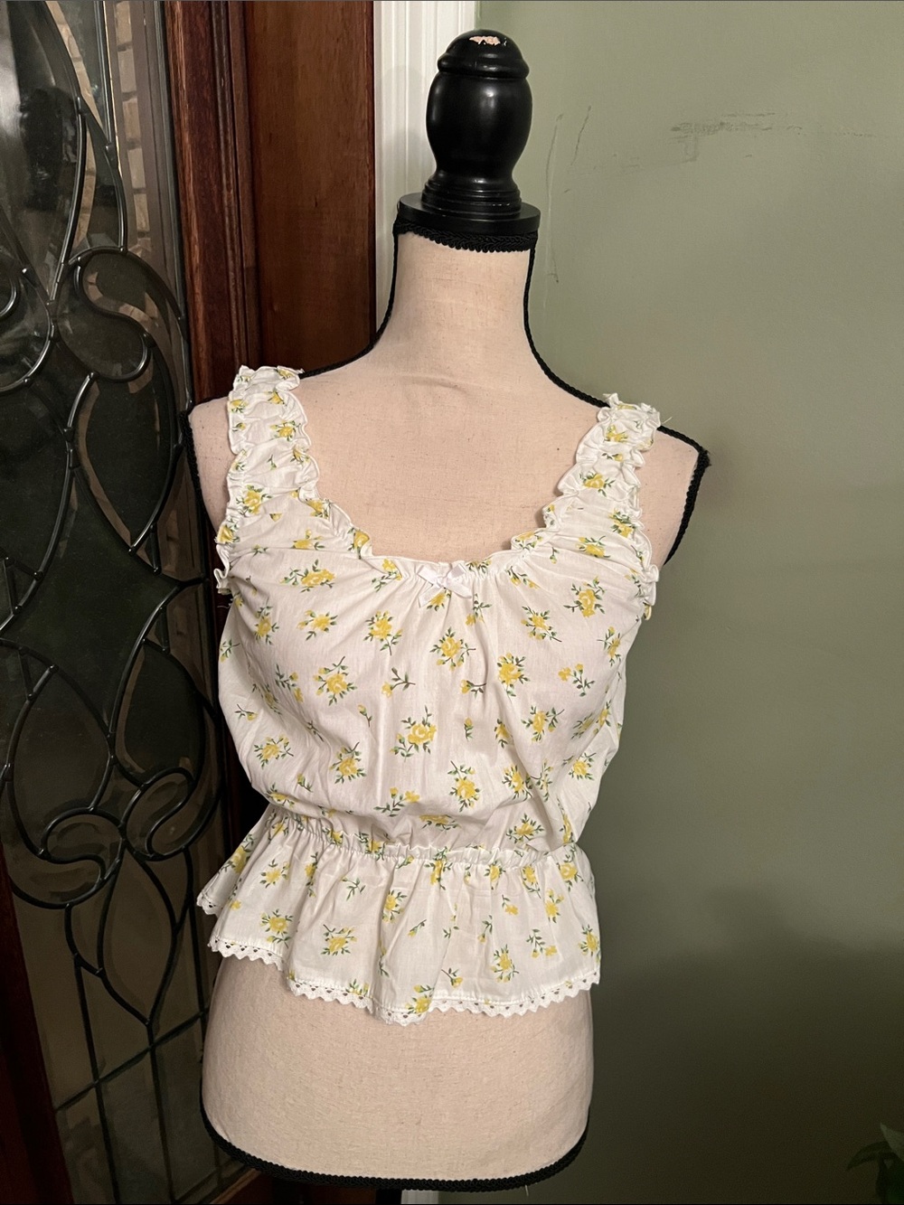 Ruffled White Tank Top with Yellow Floral Print